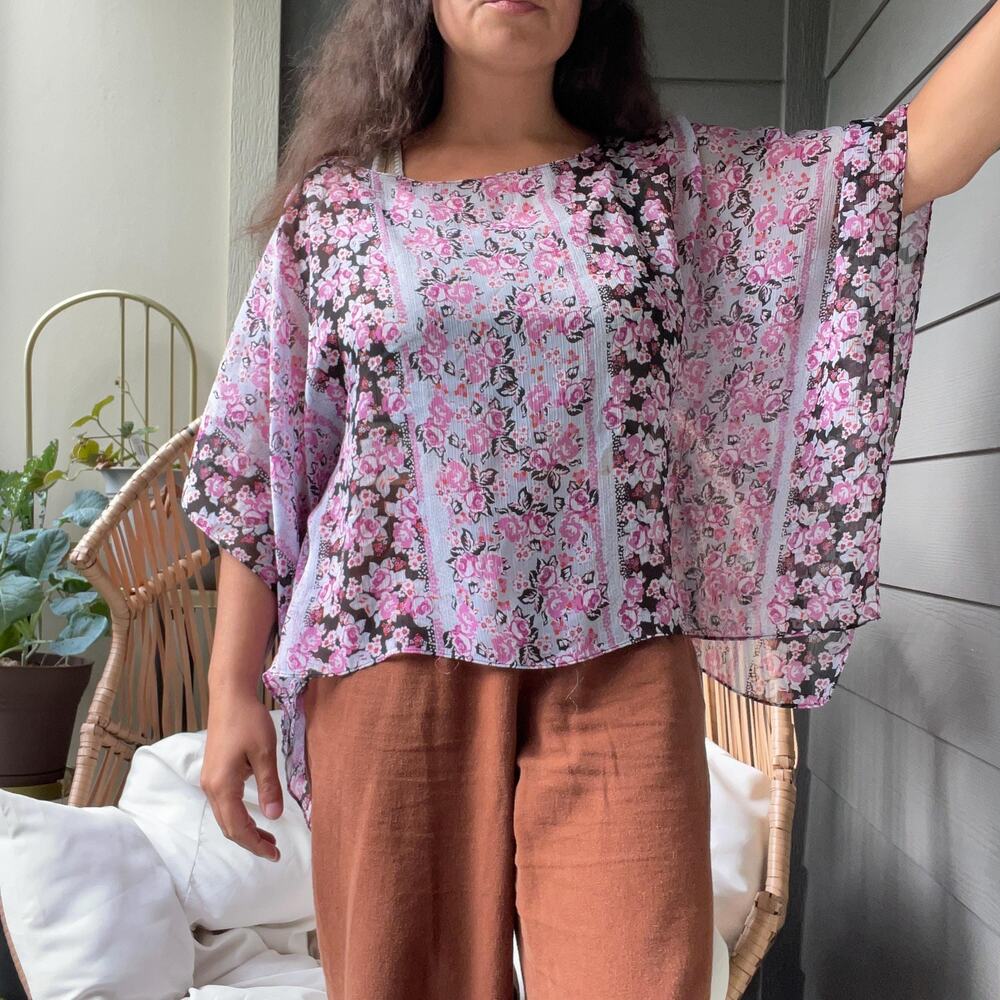 Y2K vtg 2000s purple pink sheer floral poncho boho fairy coastal cowgirl whimsy